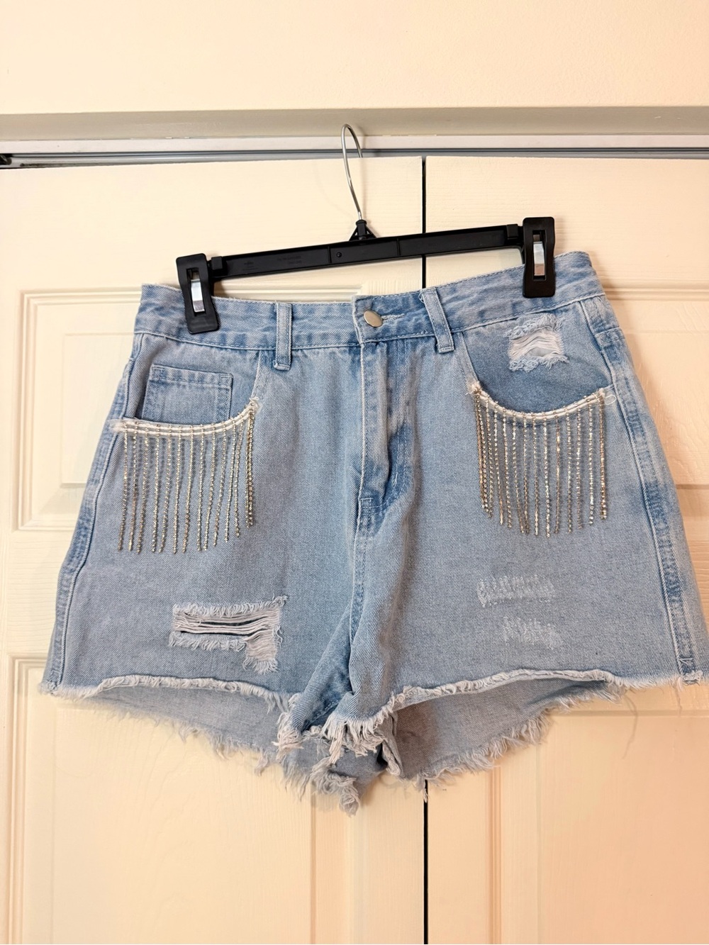 Francesca's Collections Light Blue Jean Shorts with Silver Chain Fringe